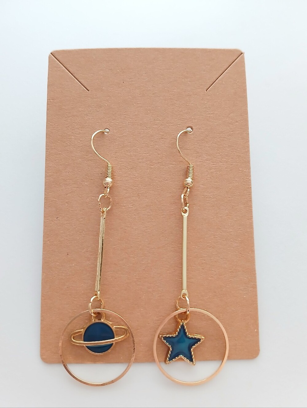 Asymmetrical Gold Drop Earrings with Navy Planet & Star